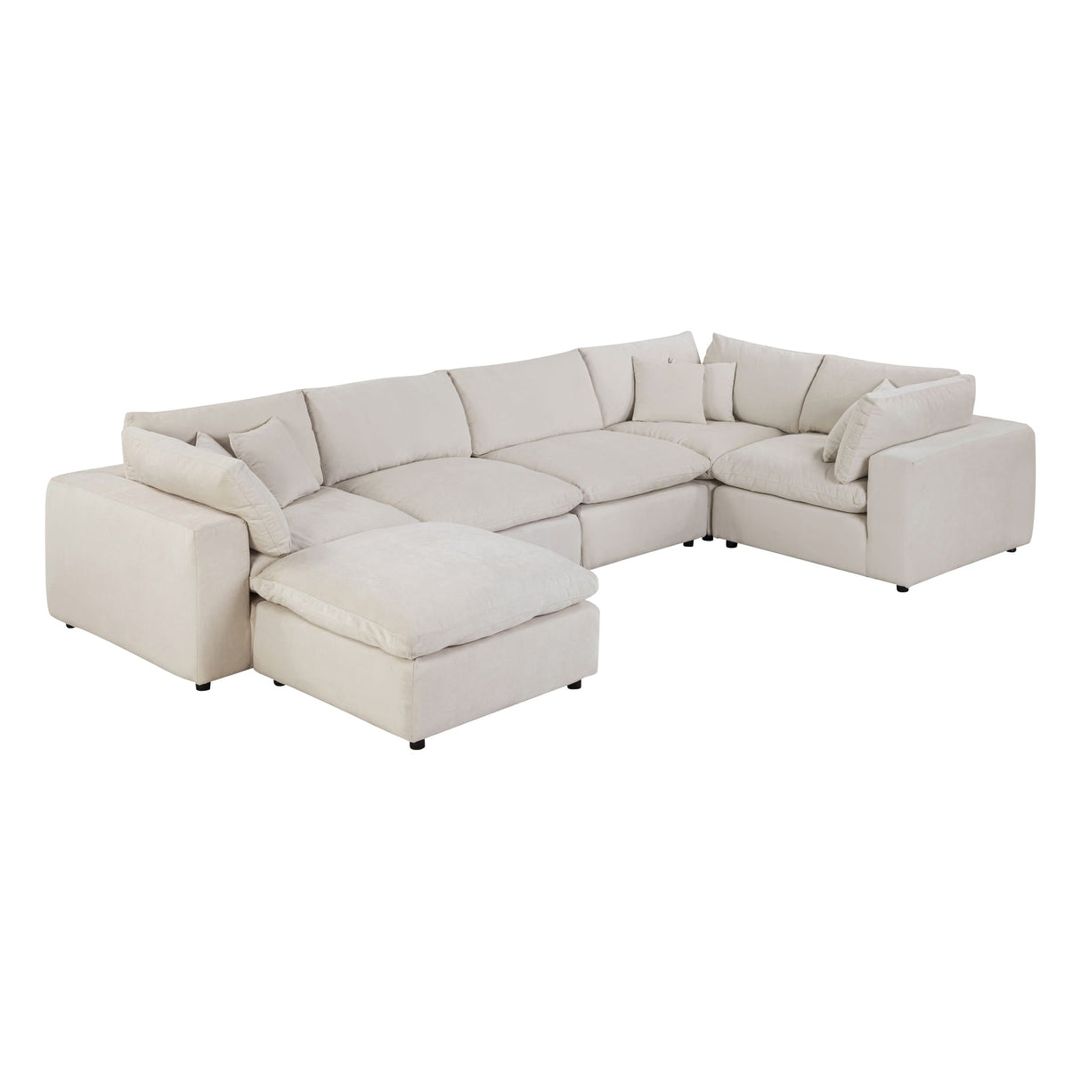 Expansive layout of Alvora six-piece three-corner sectional in Ivory