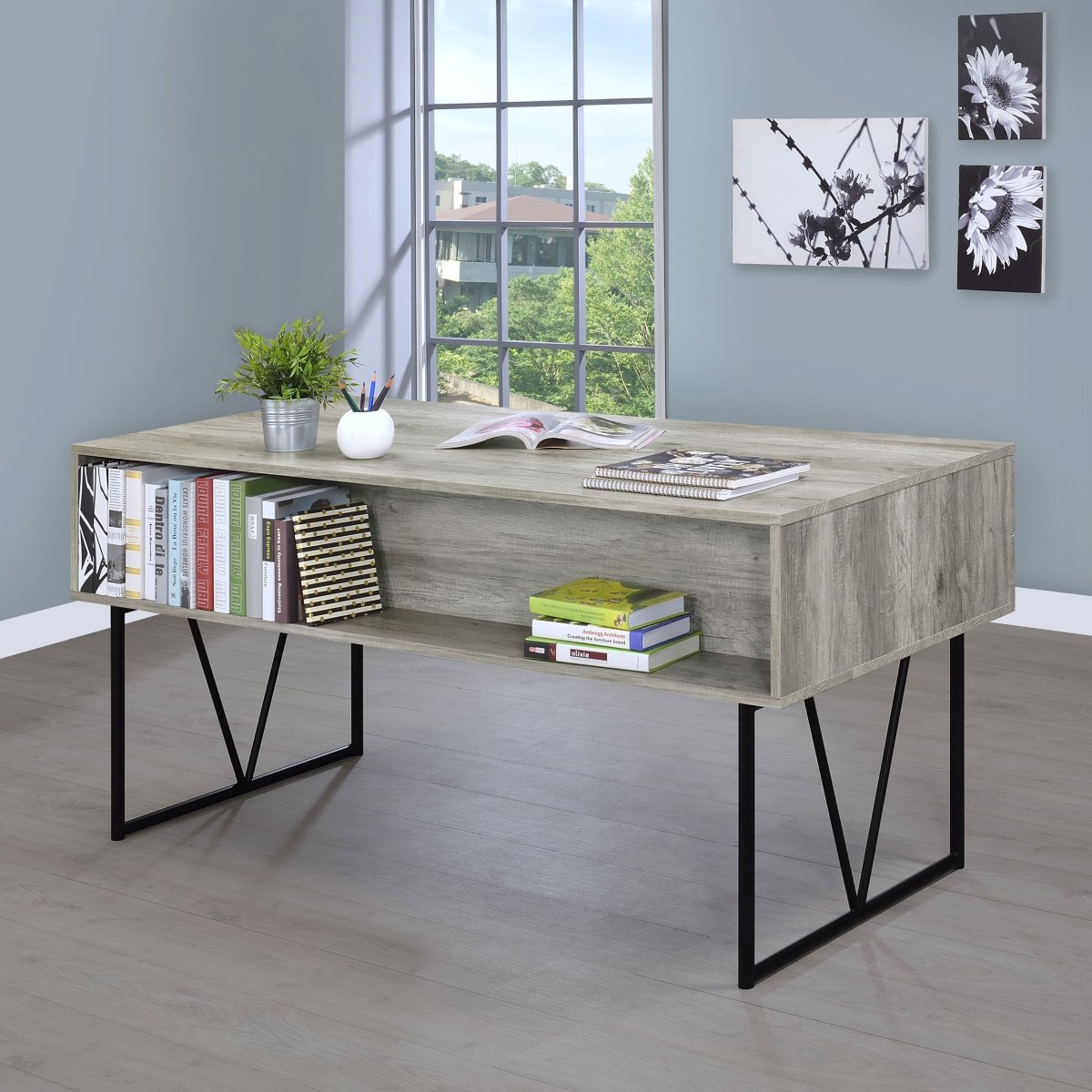Analiese 63" 4-Drawer Writing Desk in Grey Driftwood - Desks available at Alpine Outlets in Denver