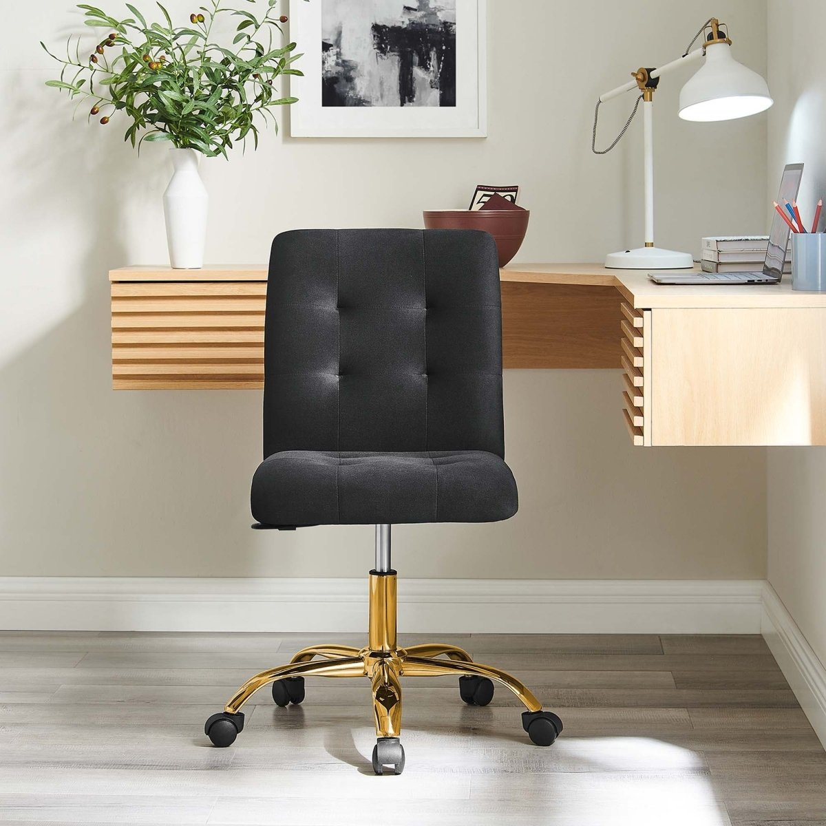 Armless Performance Velvet Office Chair with Gold Base – Black - Workspace - Alpine Outlets