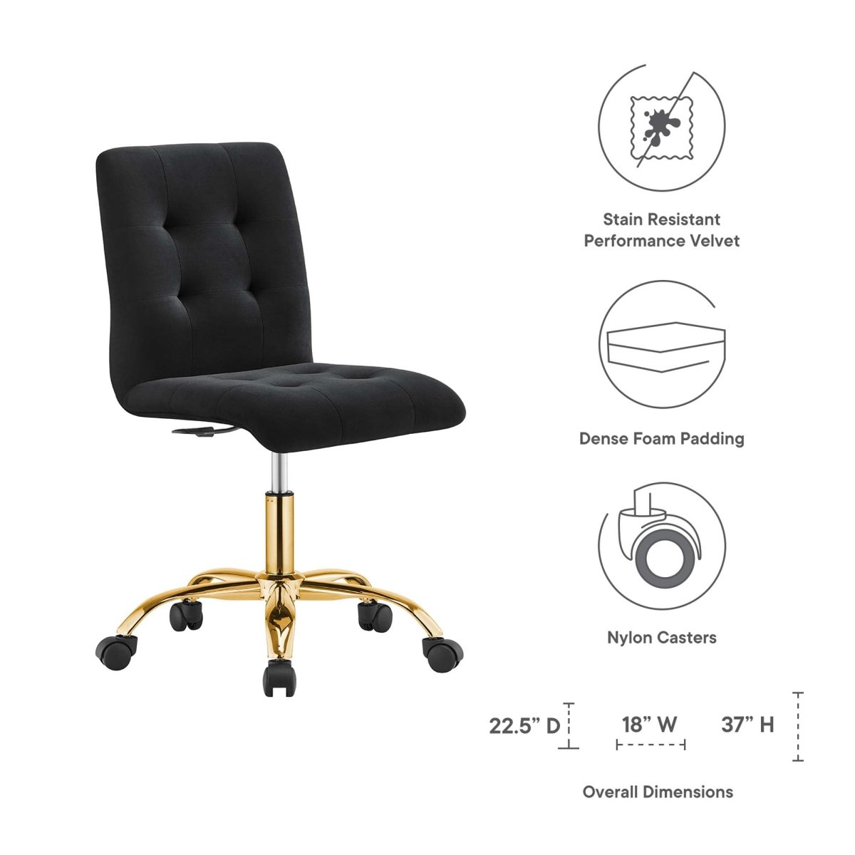 Armless Performance Velvet Office Chair with Gold Base – Black - Workspace - Alpine Outlets
