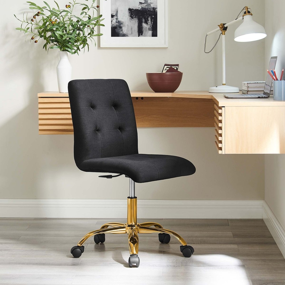 Armless Performance Velvet Office Chair with Gold Base – Black - Workspace - Alpine Outlets
