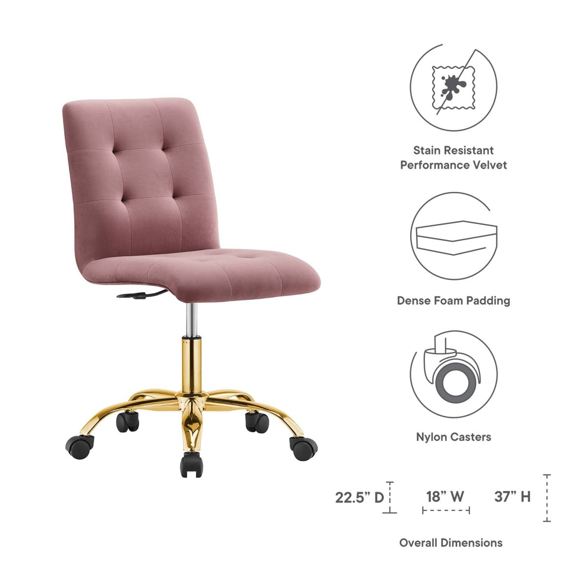 Armless Performance Velvet Office Chair with Gold Base – Dusty Rose - Workspace - Alpine Outlets