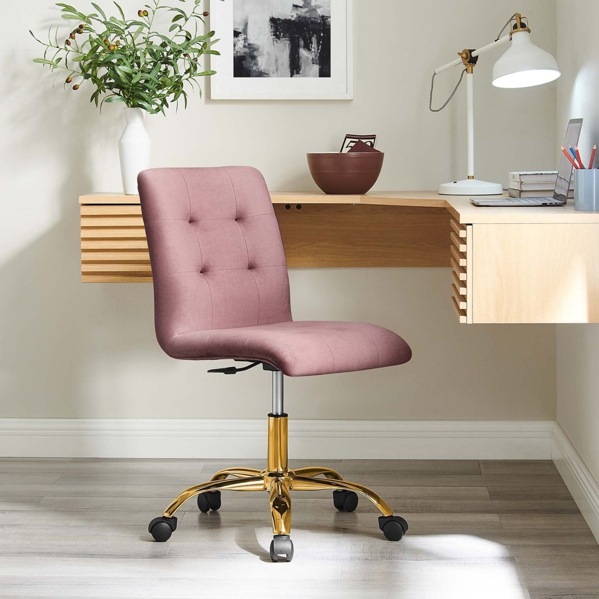 Armless Performance Velvet Office Chair with Gold Base – Dusty Rose - Workspace - Alpine Outlets