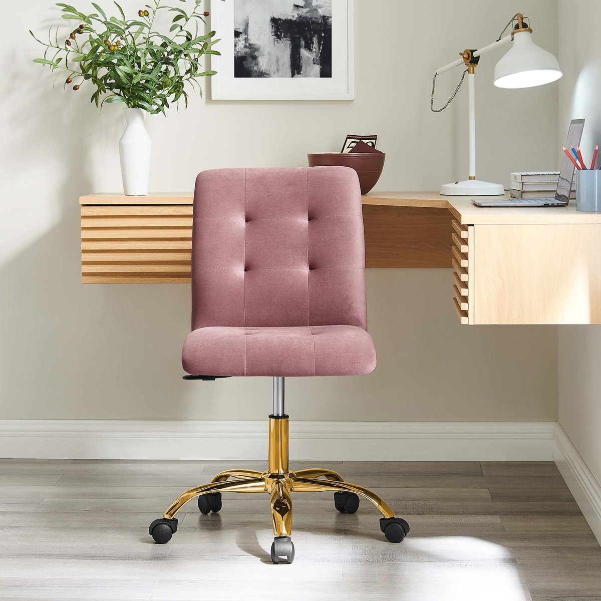 Armless Performance Velvet Office Chair with Gold Base – Dusty Rose - Workspace - Alpine Outlets