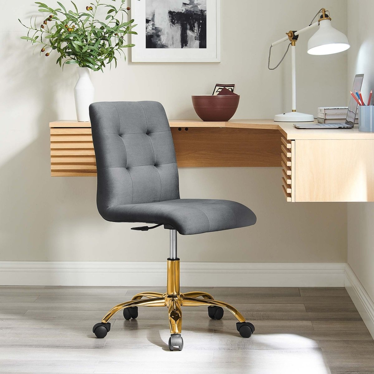 Armless Performance Velvet Office Chair with Gold Base – Gray - Workspace - Alpine Outlets