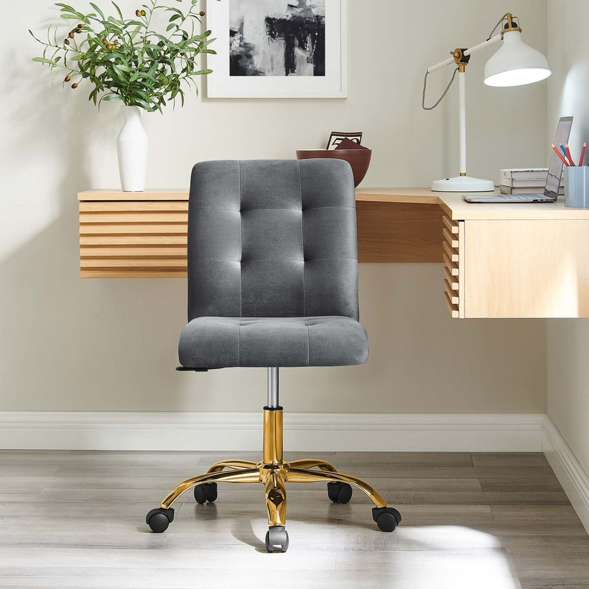 Armless Performance Velvet Office Chair with Gold Base – Gray - Workspace - Alpine Outlets