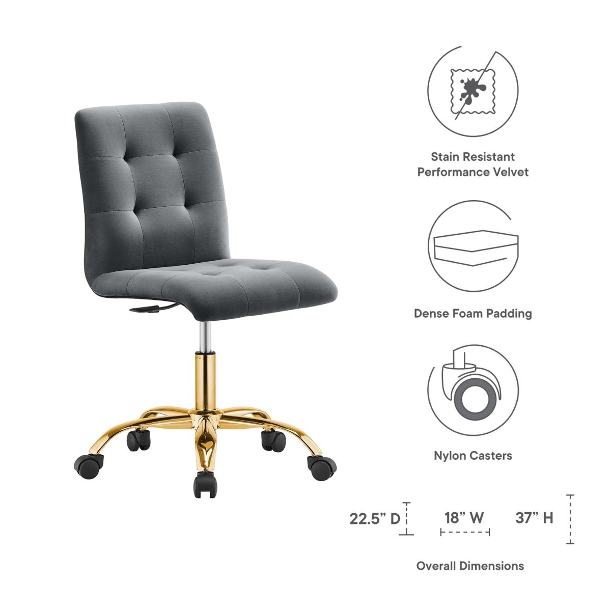 Armless Performance Velvet Office Chair with Gold Base – Gray - Workspace - Alpine Outlets