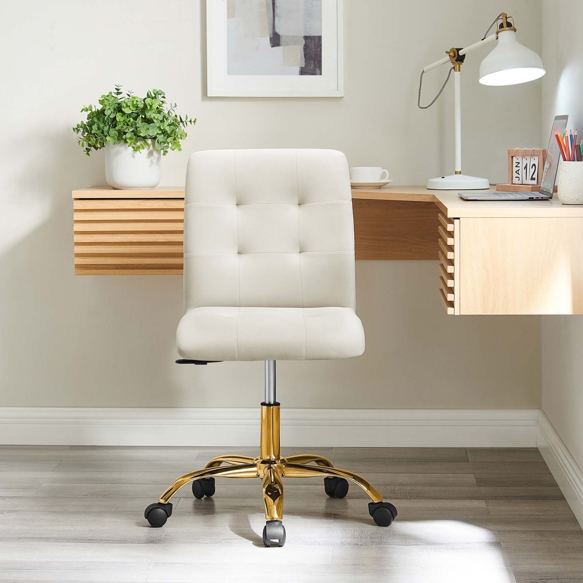 Armless Performance Velvet Office Chair with Gold Base – Ivory - Workspace - Alpine Outlets
