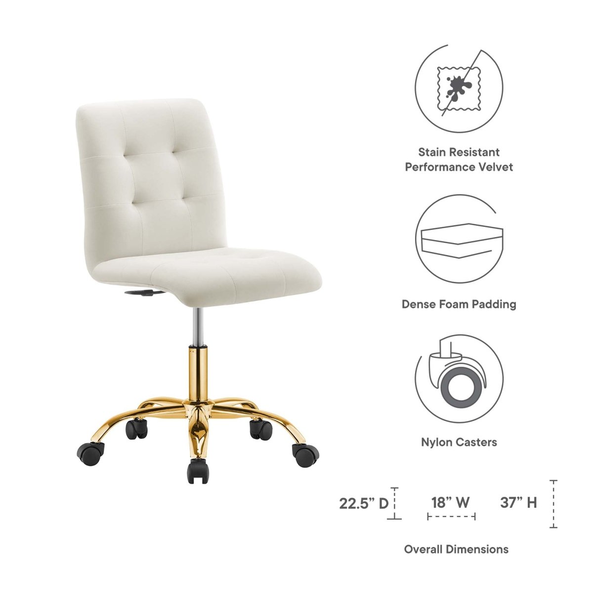 Armless Performance Velvet Office Chair with Gold Base – Ivory - Workspace - Alpine Outlets