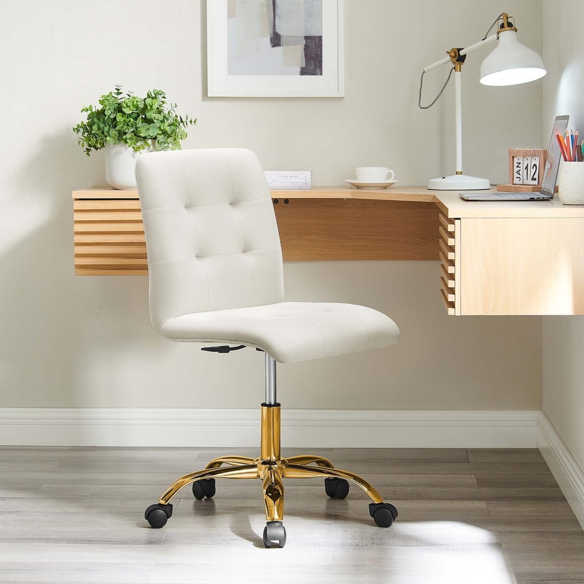 Armless Performance Velvet Office Chair with Gold Base – Ivory - Workspace - Alpine Outlets