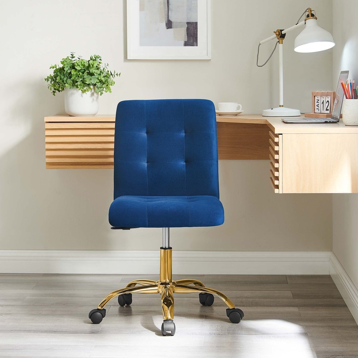 Armless Performance Velvet Office Chair with Gold Base – Navy - Workspace - Alpine Outlets