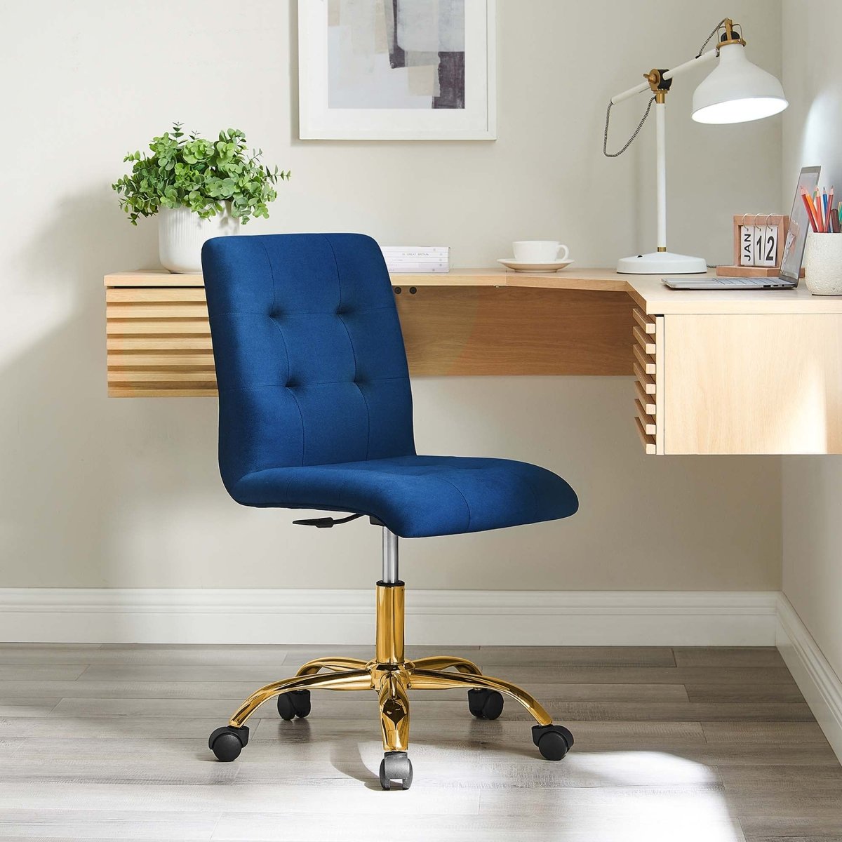 Armless Performance Velvet Office Chair with Gold Base – Navy - Workspace - Alpine Outlets