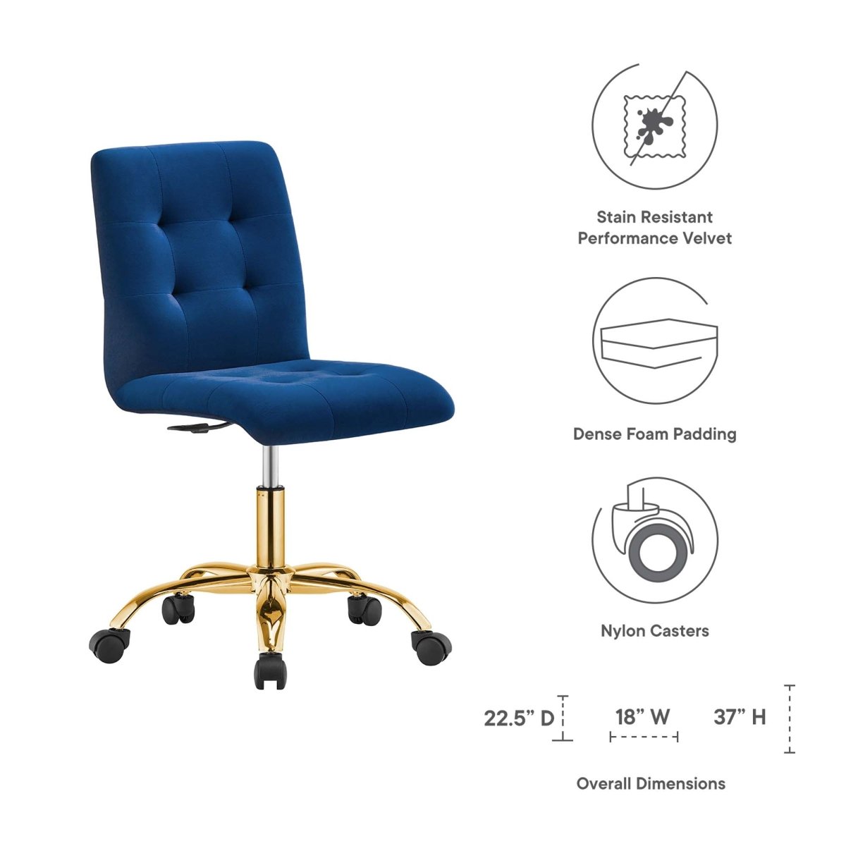 Armless Performance Velvet Office Chair with Gold Base – Navy - Workspace - Alpine Outlets