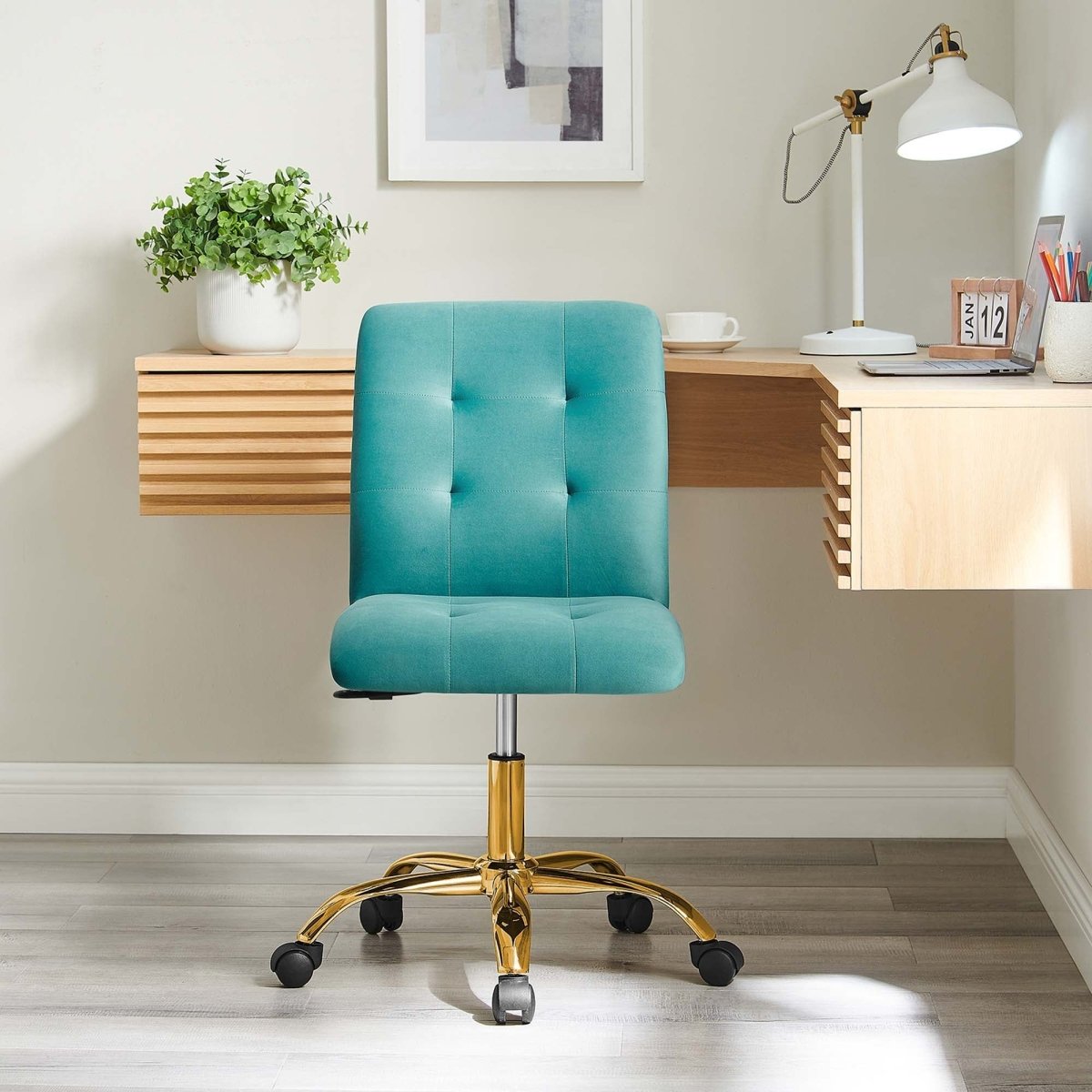 Armless Performance Velvet Office Chair with Gold Base – Teal - Workspace - Alpine Outlets