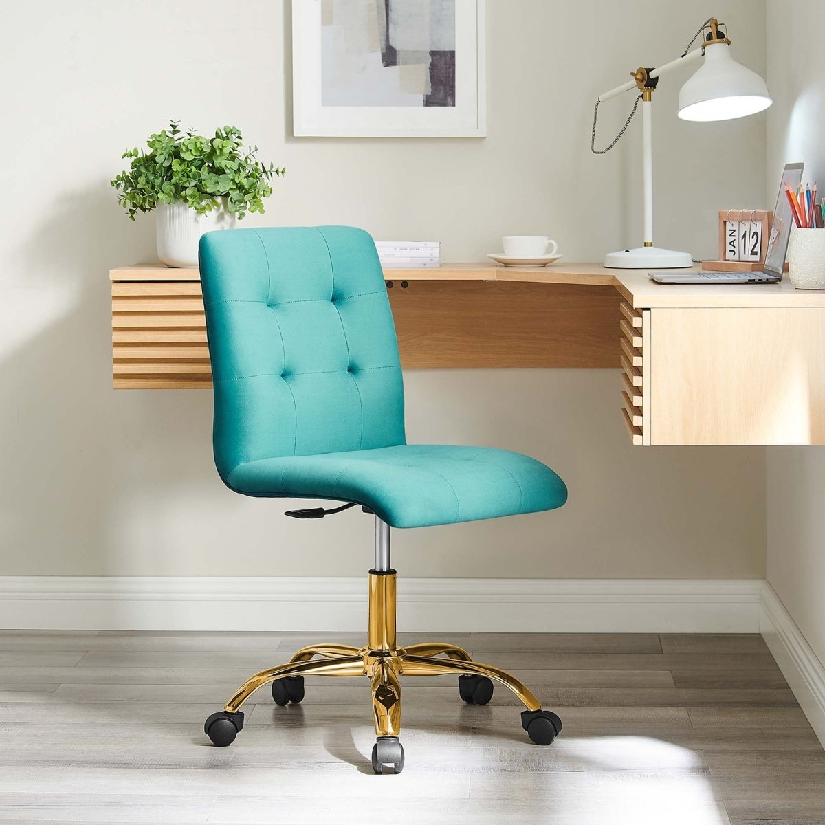 Armless Performance Velvet Office Chair with Gold Base – Teal - Workspace - Alpine Outlets