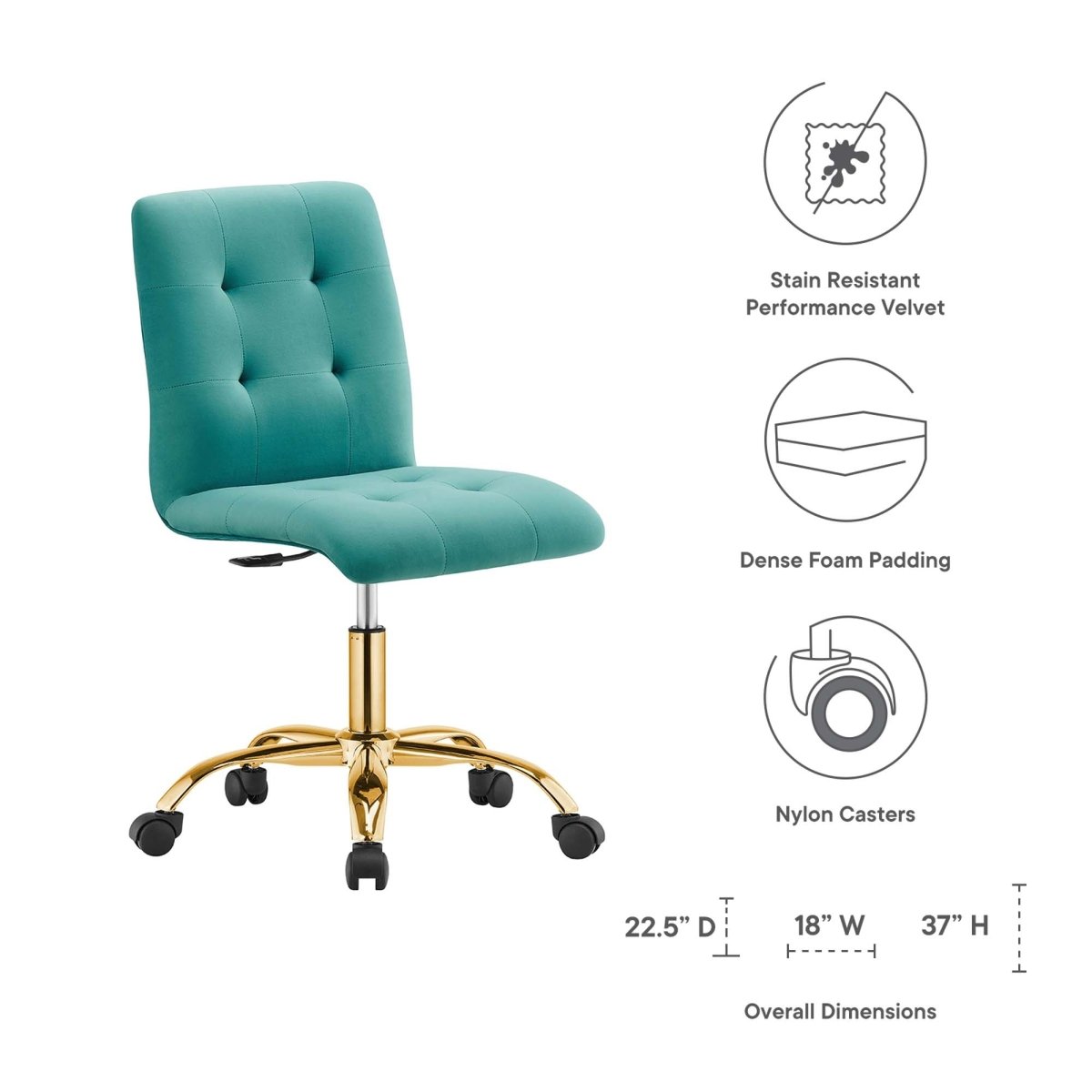 Armless Performance Velvet Office Chair with Gold Base – Teal - Workspace - Alpine Outlets