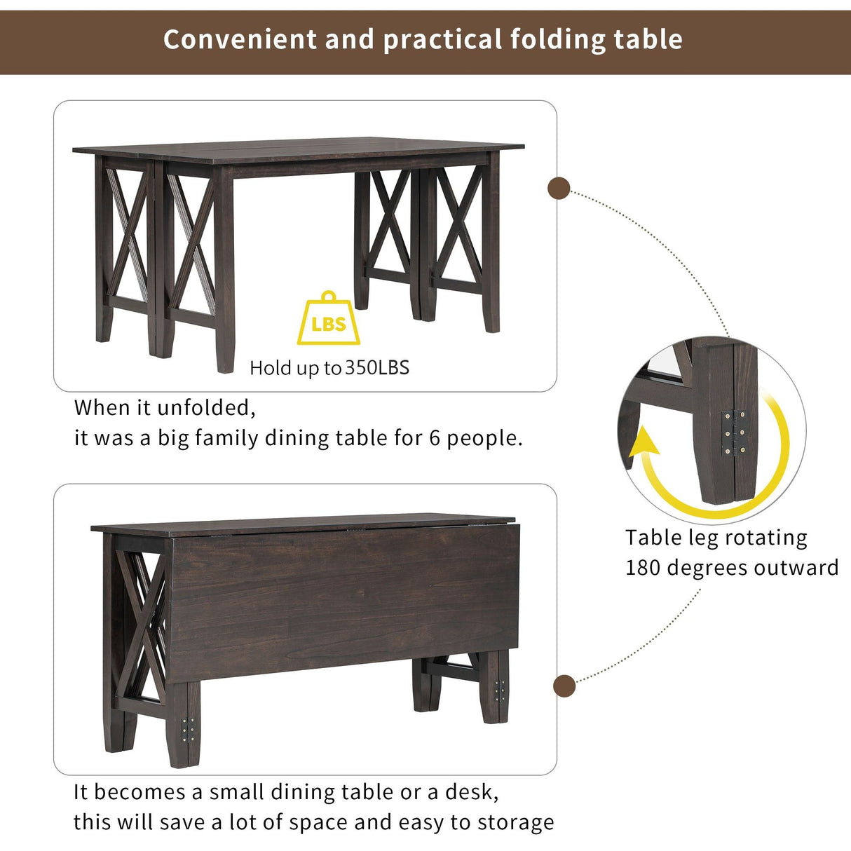 6 Piece Family Dining Room Set, Space Saving Foldable Table And 4 Chairs With Bench