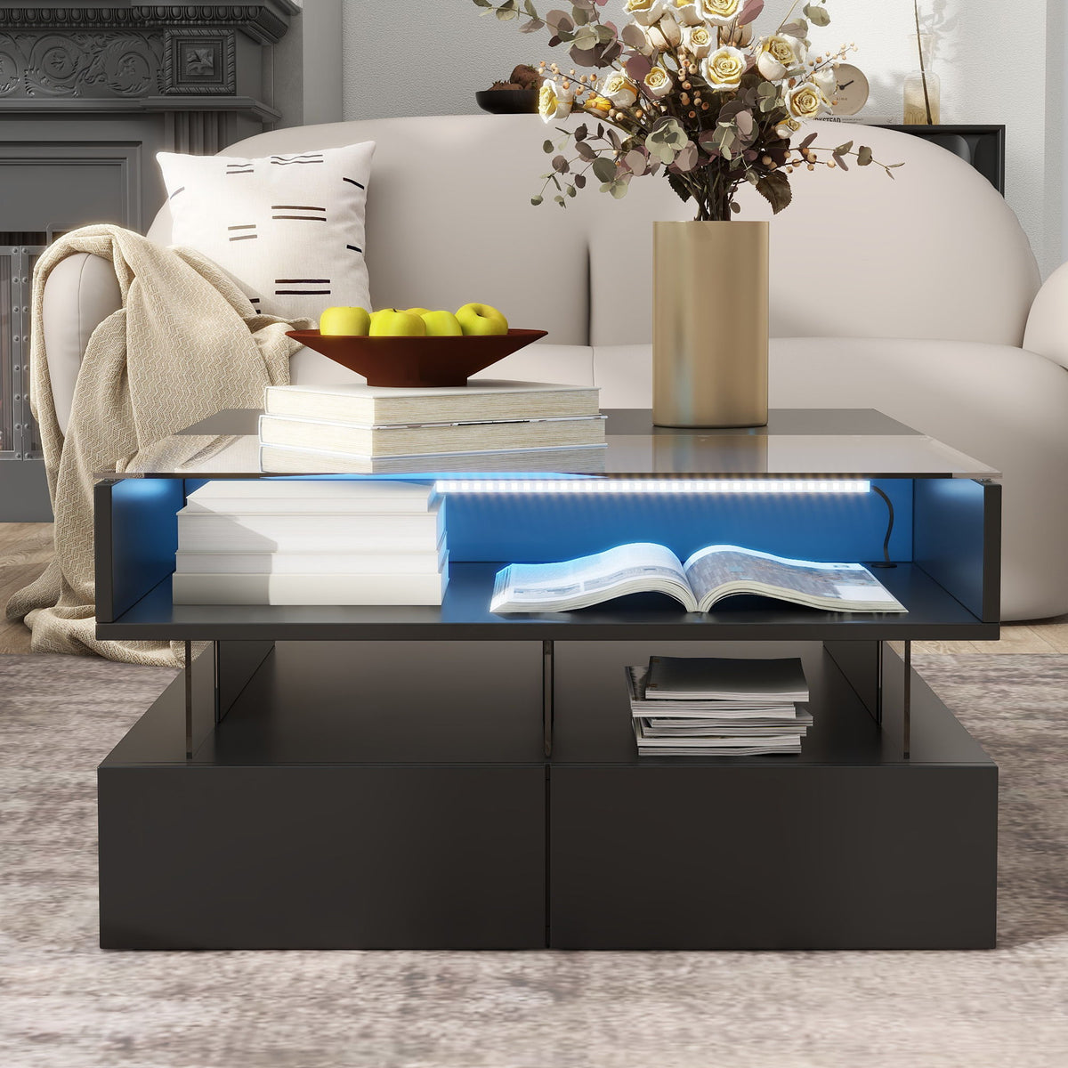 Lift Top Coffee Table With 2 Drawers, Hidden Space And LED Lights For Living Room - Black