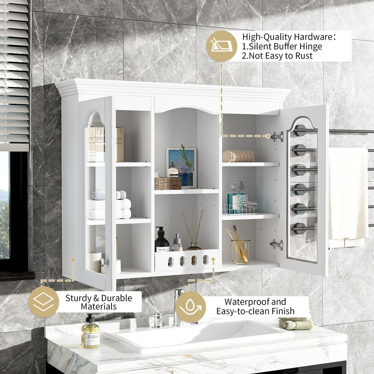 Wall-Mounted Medicine Cabinet With 2 Glass Doors, Adjustable Shelves - White