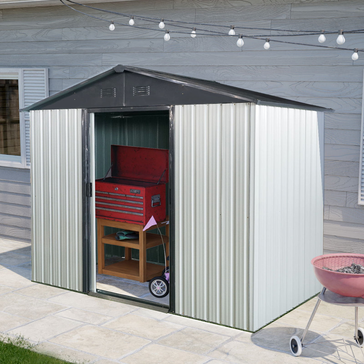 Outdoor Metal Storage Shed Garden Building with Sliding Door 8x4ft