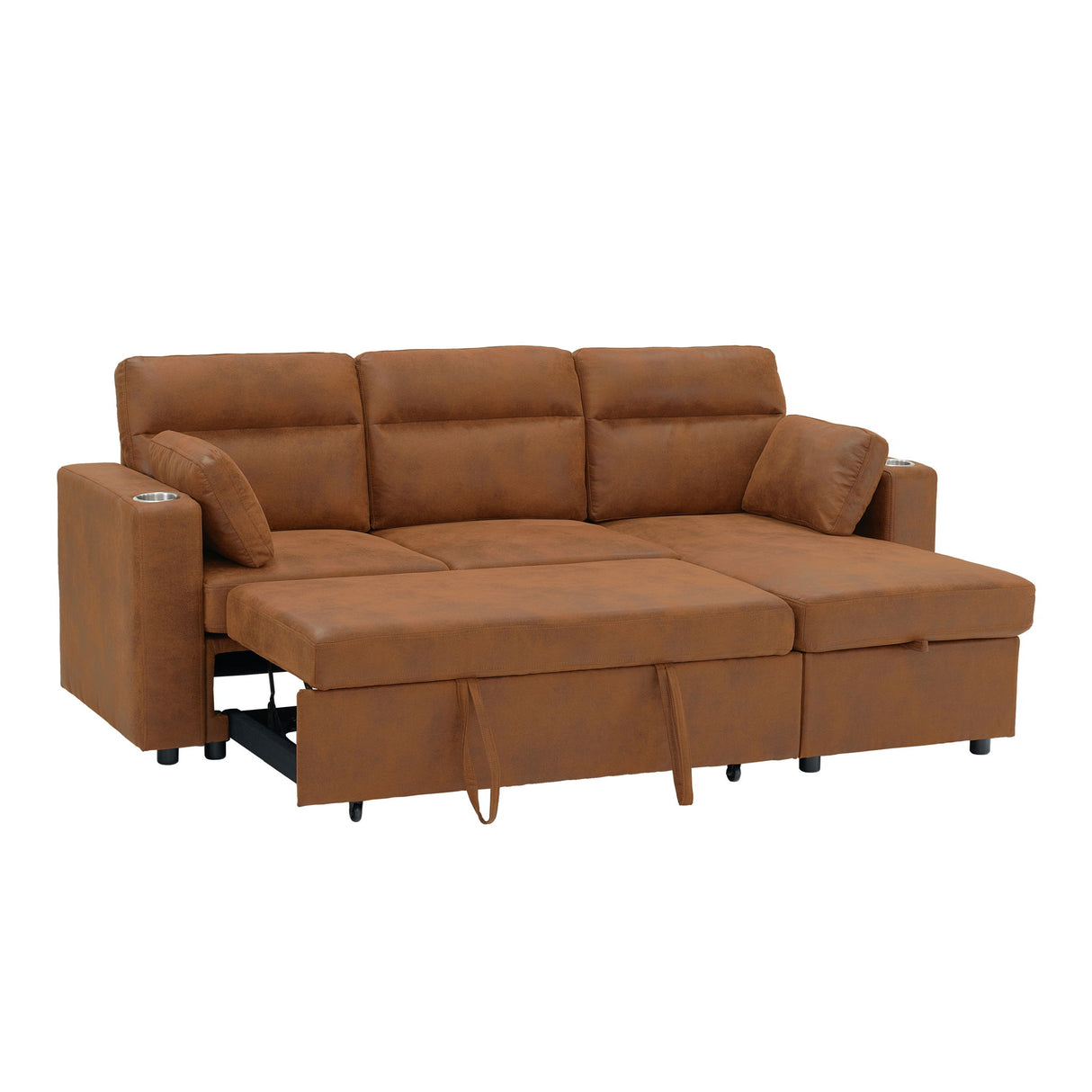 Convertible L - Shaped Sectional Sofa Bed With Storage Chaise, Cup Holders