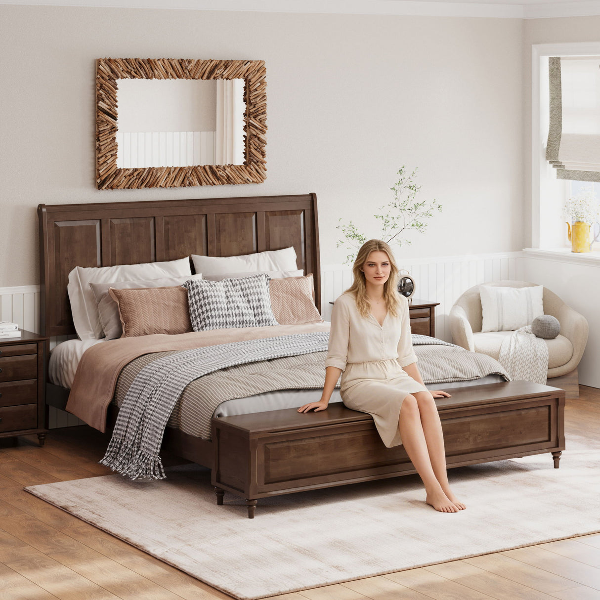 Sleigh Bed Frame With Tall Headboard And Storage Bench
