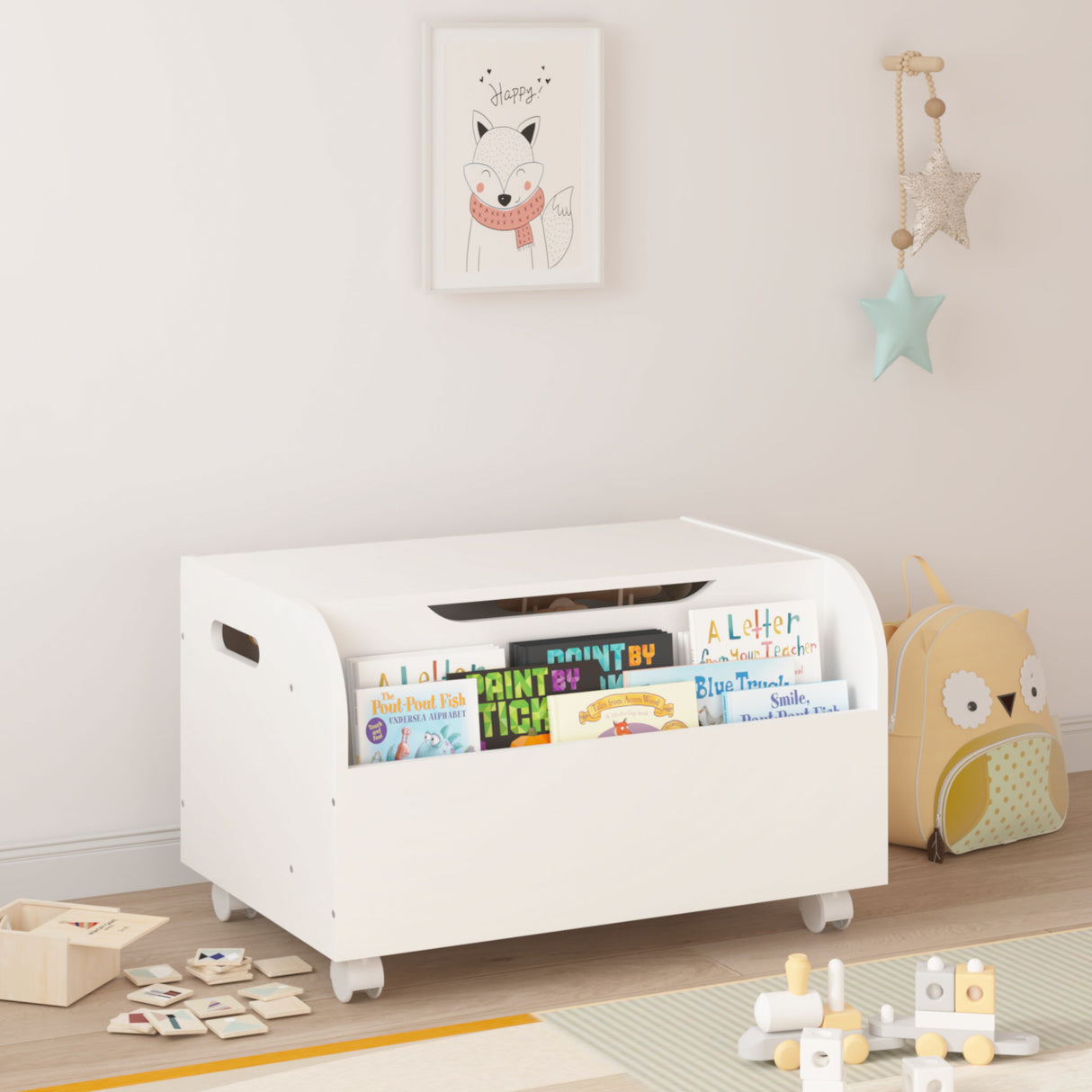 Toy Box With 4 Universal Wheels, Kids Playroom Storage Organizer With Front Bookshelf, Flip Top Lid, Safety Hinge - White