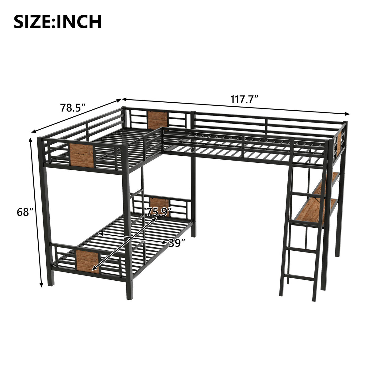 L-Shaped Twin Over Twin Bunk Bed With Twin Size Loft Bed With Desk And Shelf - Brown