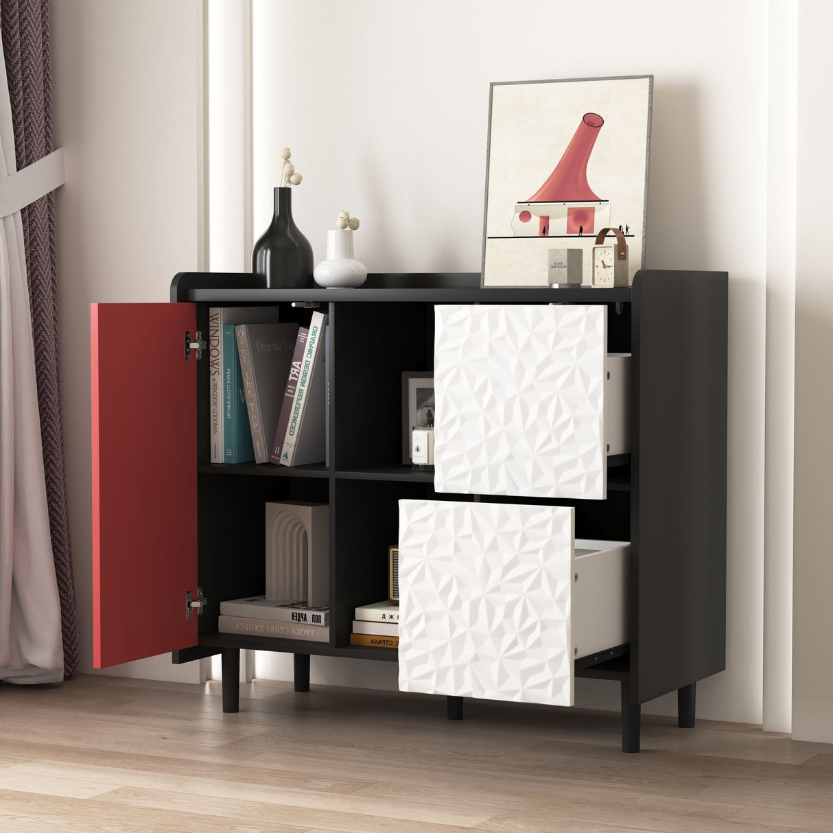 Sideboard Buffet Cabinet with Unique Panel Styling Wood Storage Drawers