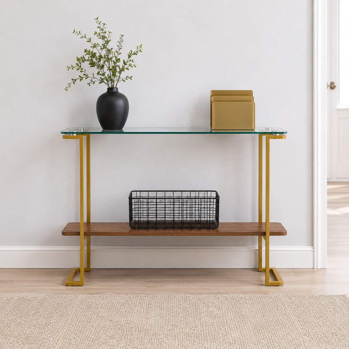 Console Table With Shelf, 2 Tier Living Room - Gold / Walnut