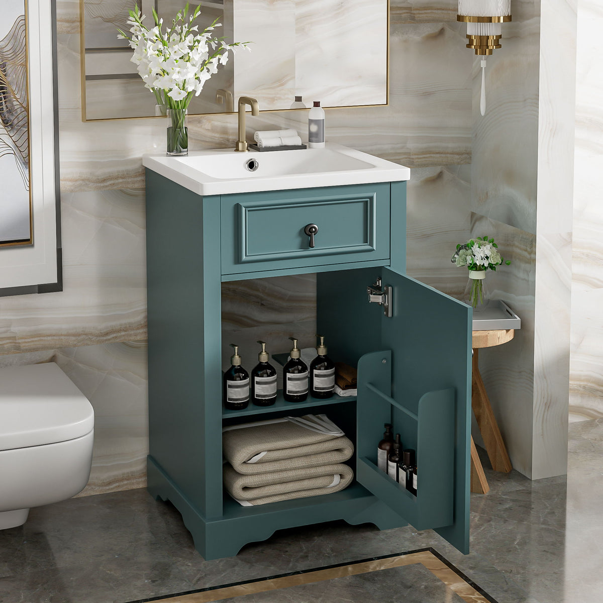 Elegant Bathroom Vanity With Ceramic Sink, Soft Close Door, Adjustable Shelf