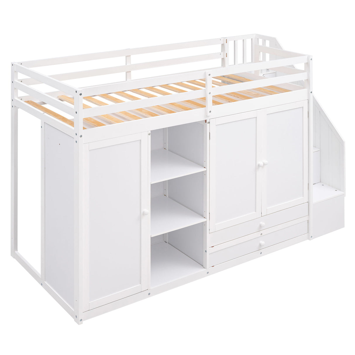 Loft Bed With 3 Shelves, 2 Wardrobes, 2 Drawers, Ladder Storage