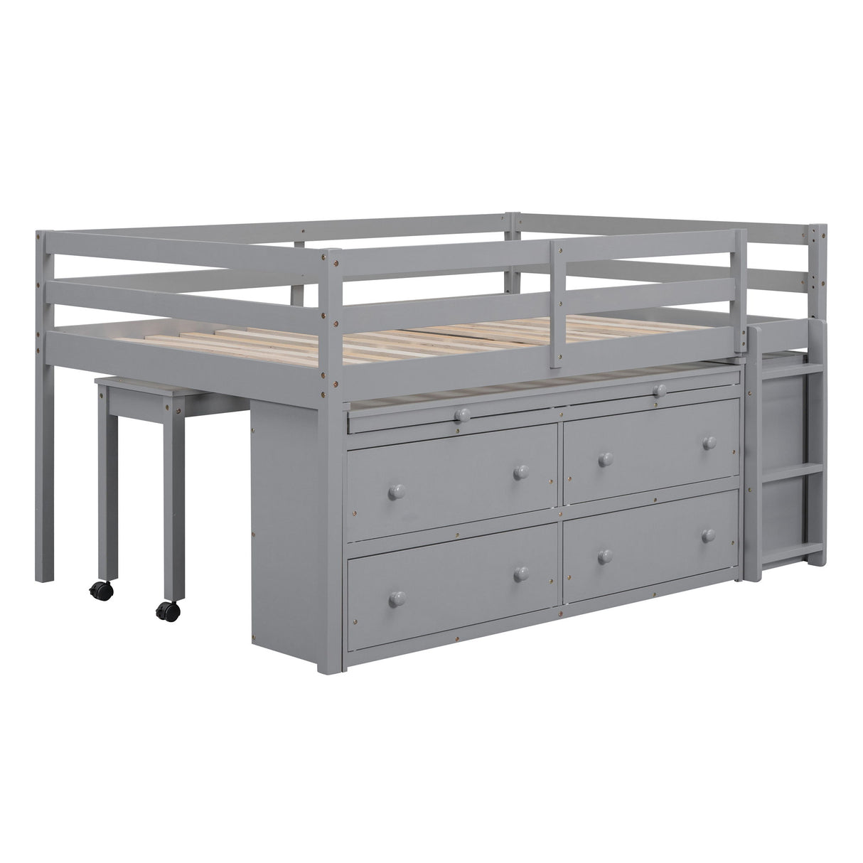 Loft Bed With Retractable Writing Desk And 4 Drawers, With Lateral Portable Desk And Shelves