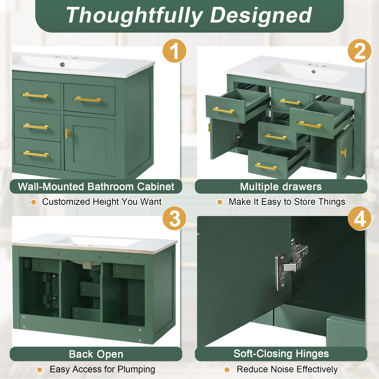 Wall Mounted Bathroom Cabinet With Sink, Multiple Drawers And Doors - Green