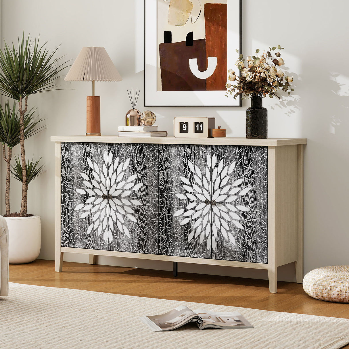 Sideboard Buffet Cabinet Carved 4 Door Storage 58in x 32in