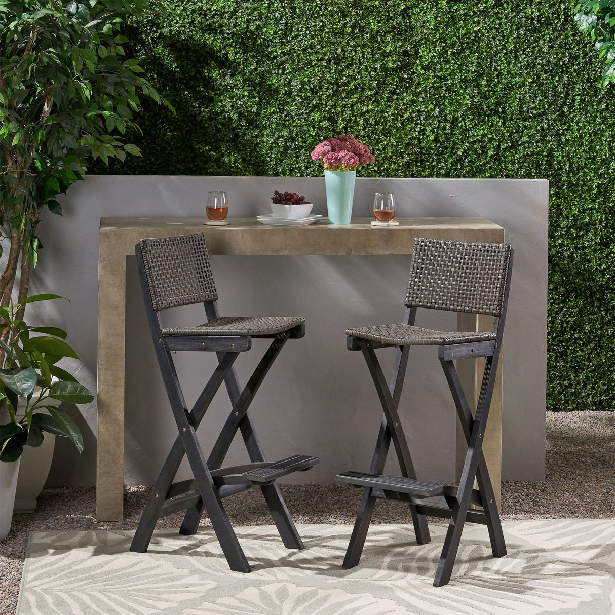 Outdoor Folding Acacia Wood Barstools With Rattan Backrest And Seat, (Set of 2) - Dark Gray