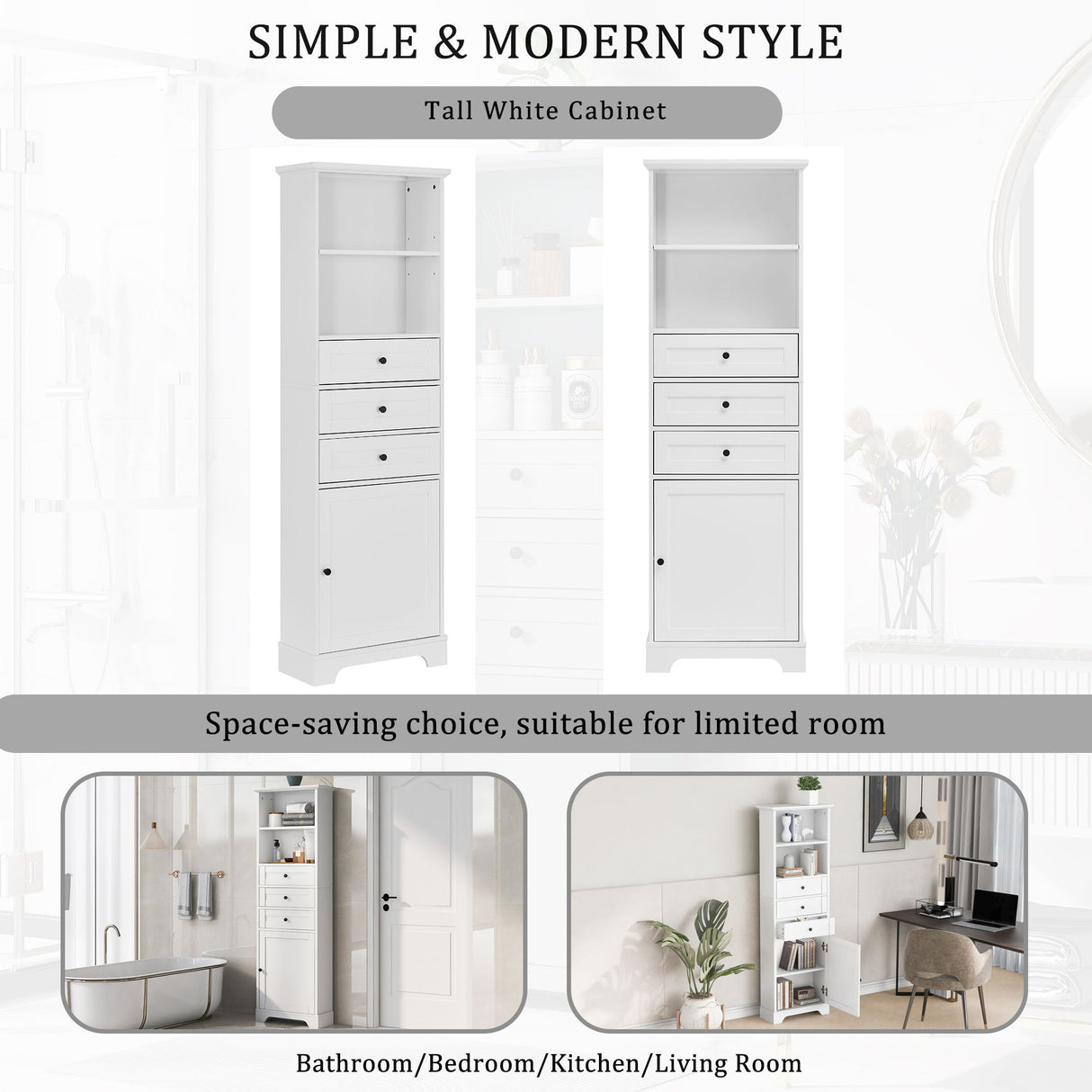 Tall Storage Cabinet With 3 Drawers And Adjustable Shelves For Bathroom