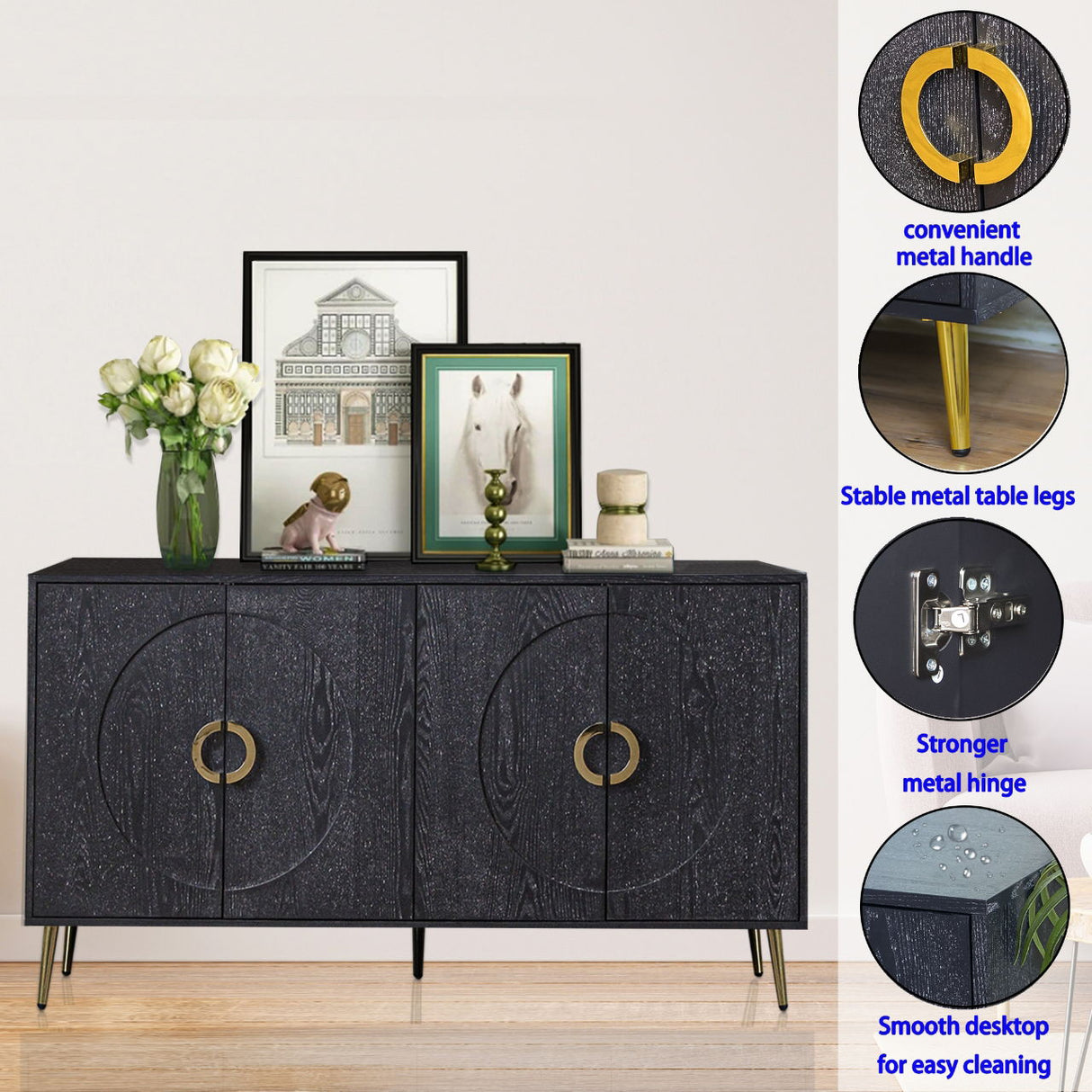 Modern Sideboard Buffet Server Cabinet Lacquered Wood Storage 60x31in