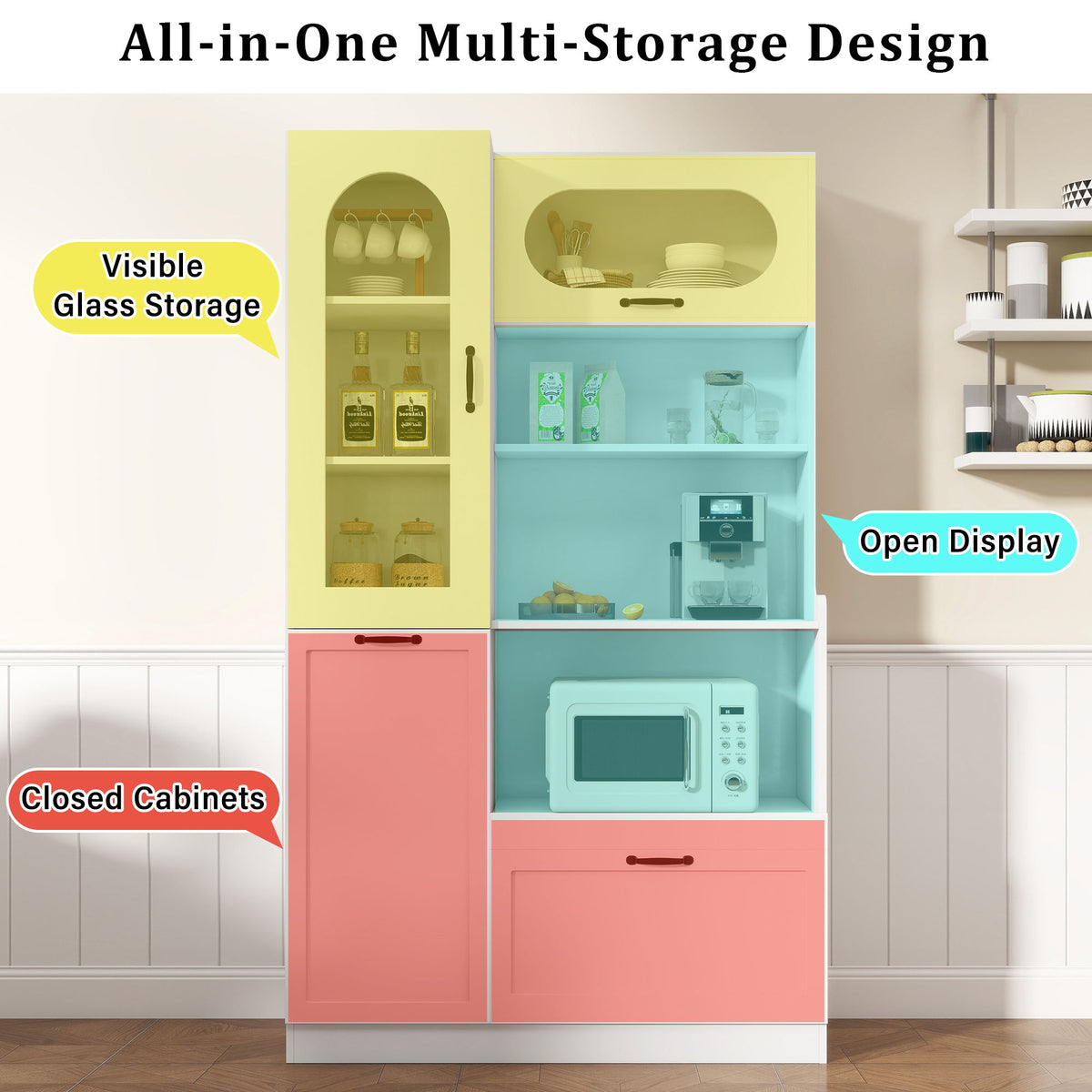 Tall Freestanding Kitchen Pantry Cabinet With Arched Glass Door