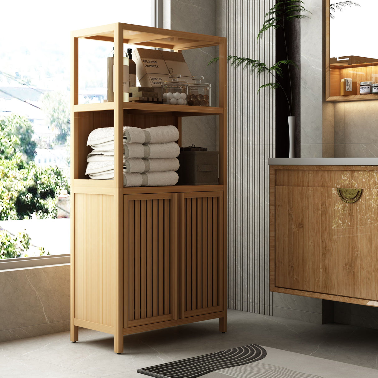 Neutral - Bamboo Storage Cabinet Freestanding With 2 Doors For Bathroom, Living Room, Kitchen, And Entryway - Neutral