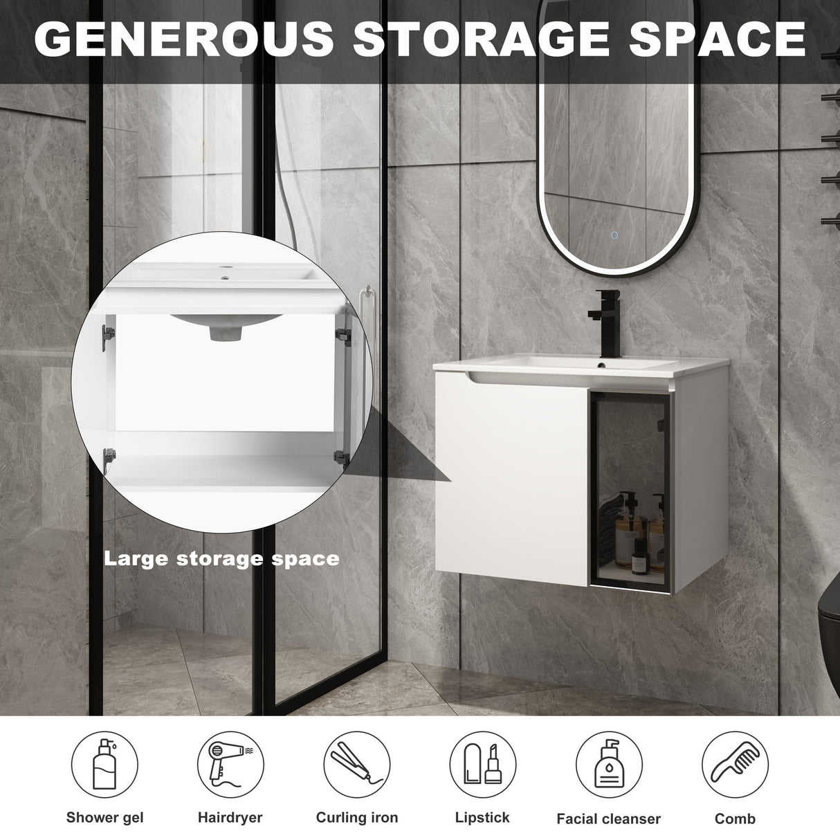 Wall Mounted Bathroom Vanity With Sink, 2 Soft Close Doors, Cabinet & Half Door