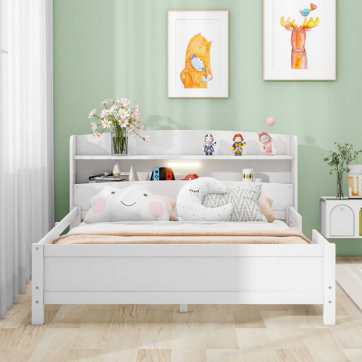 Wood Platform Bed With Built In LED Light, Storage Headboard And Guardrail