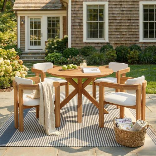 5-Piece Outdoor Acacia Wood Round Dining Set Beige Cushion