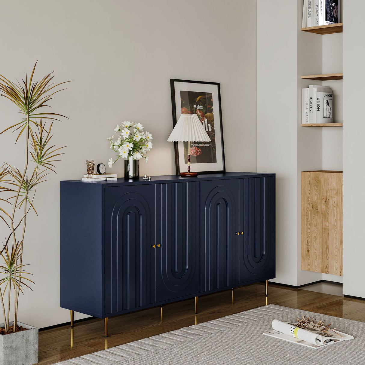 Modern Lacquered 4 Door Wooden Cabinet Sideboard Buffet Server Cabinet Storage Cabinet, For Living Room, Entryway, Hallway, Office, Kitchen And Dining Room - Blue