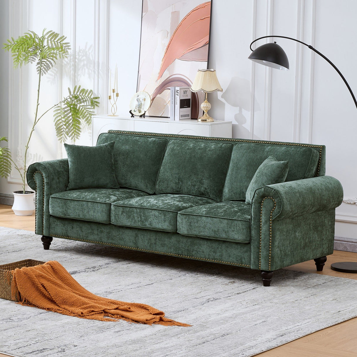 3 Seater Sofa With Tufted Upholstery, Rolled Arms, Nailhead Trim