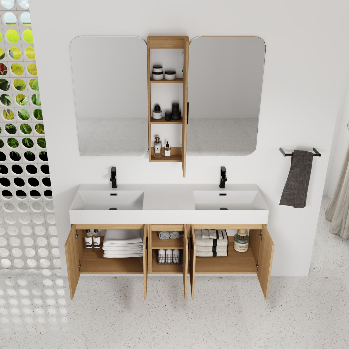 Floating Double Sink Bathroom Vanity Set With Tall Linen Cabinet, Extra Large Storage, Integrated Sink, Soft Close Doors - Glossy White / Light Oak