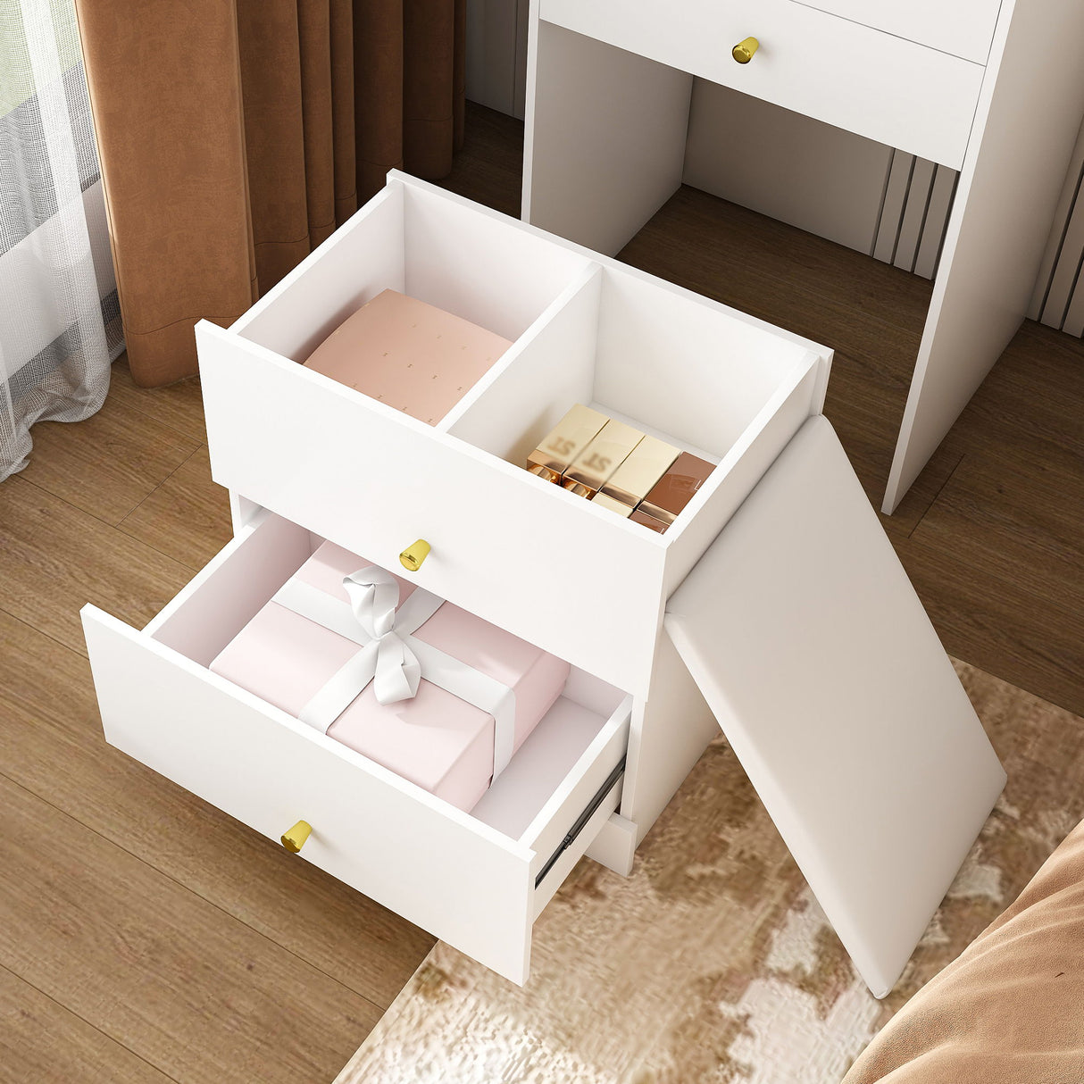 3 In 1 Dressing Table With LED Mirror & Storage Stool, Compact Makeup Vanity - White
