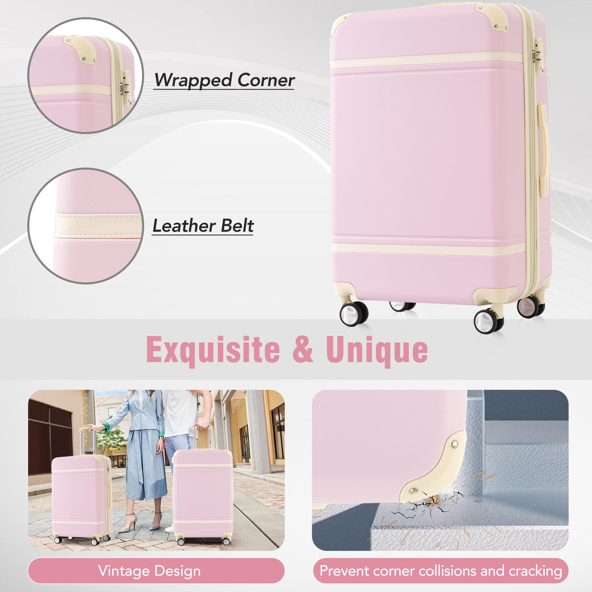 Hardshell Luggage Set 4 Pieces With Tsa Lock 20" / 24" / 28" Spinner Suitcase Lightweight - Light Pink