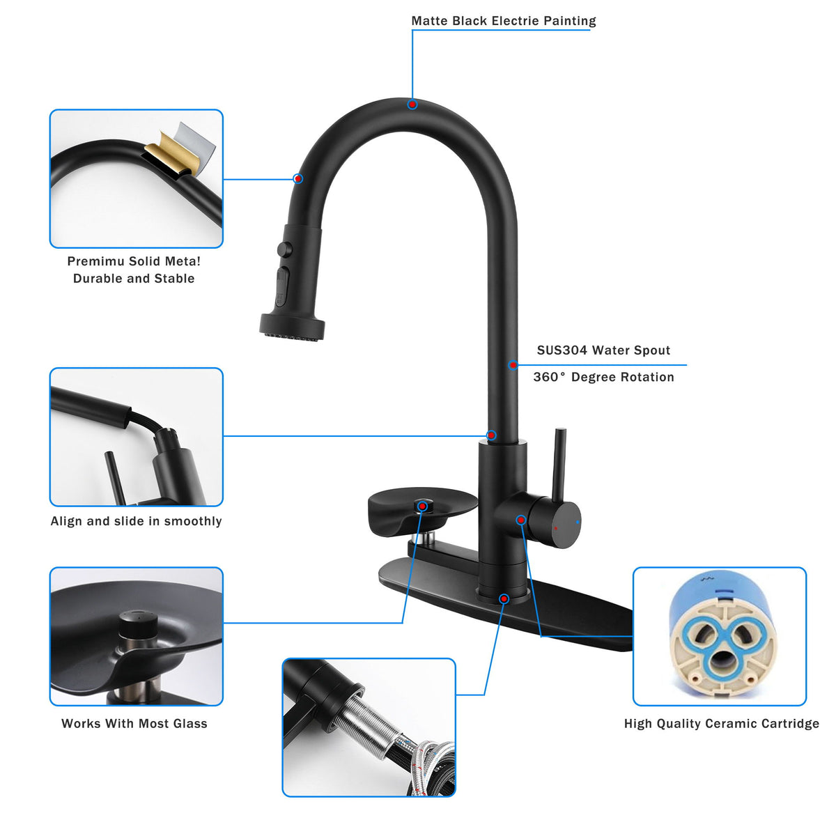 3 In 1 Kitchen Faucet With Press Type Glass Rinser, High Arc Pull Down Sprayer
