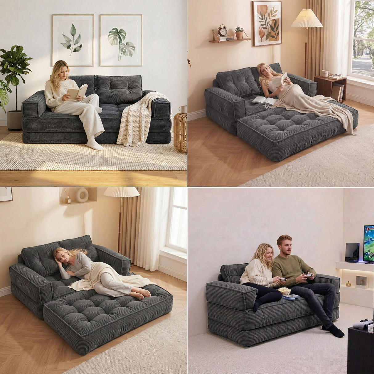 2 Seater Modular Corduroy Sofa With Chaise Lounge For Living Room